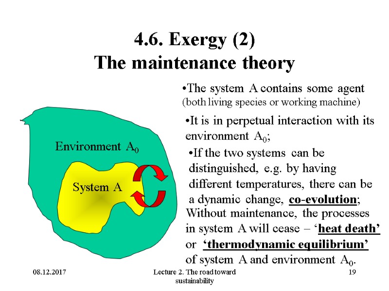 08.12.2017 Lecture 2. The road toward sustainability 19 4.6. Exergy (2) The maintenance theory